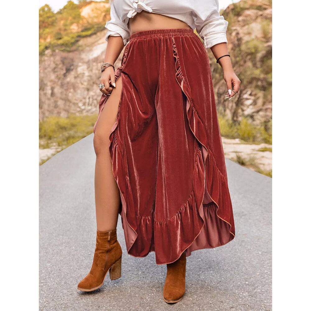 Plus Size Velvet Ruffle Hem Wide Leg Pants